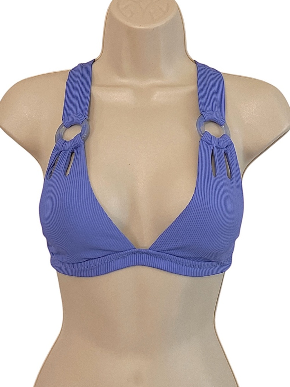 BECCA Modern Edge Rib Ring Halter Bikini Top, Light Purple,‎ Sz SP
